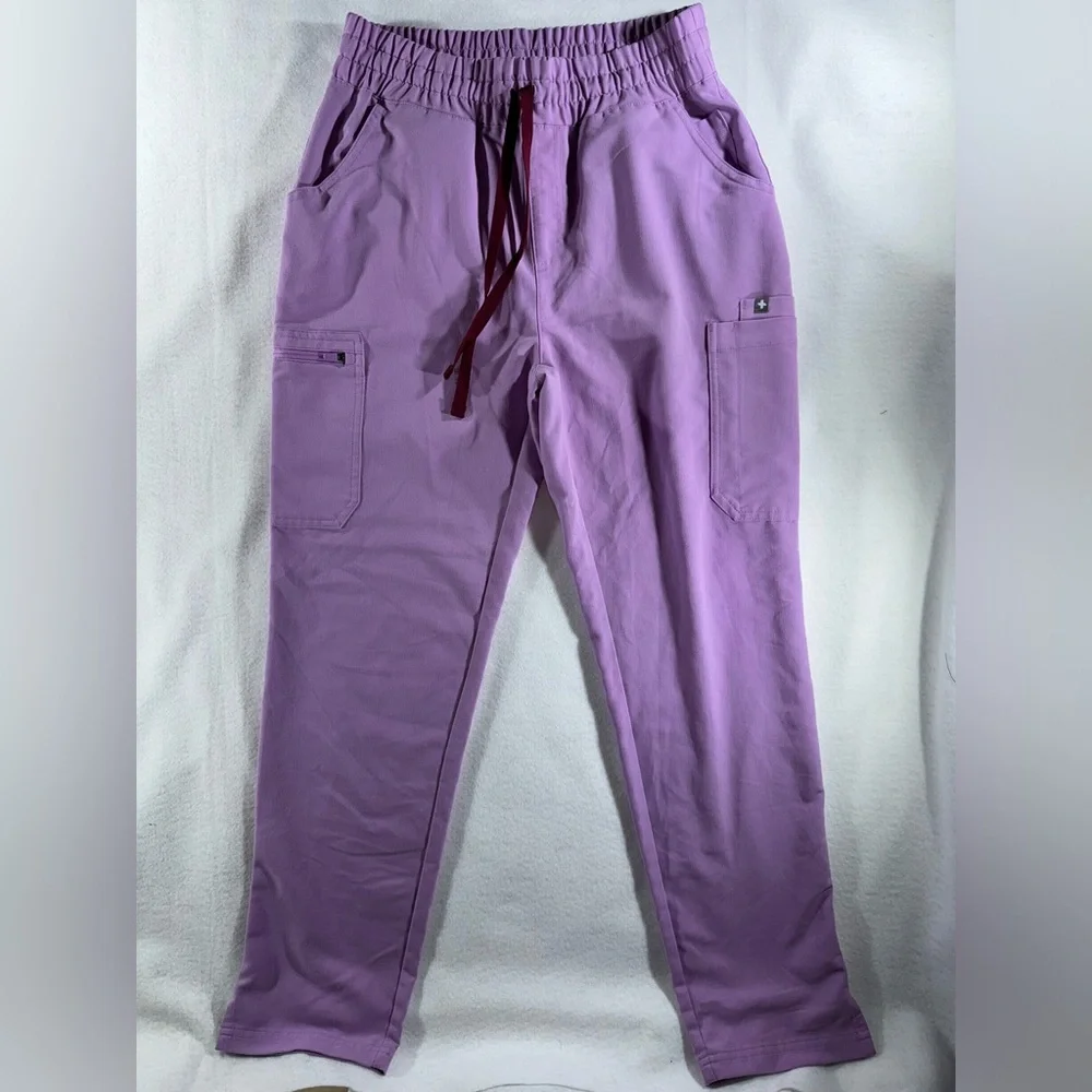 FIGS Women's Straight Leg Scrub Pants in Lavender with Maroon Drawstring
